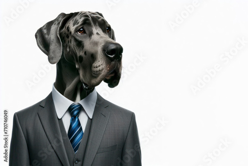 Portrait of a Grate dane dog wearing a businessman suit and tie isolated on solid white background. ai generative © Igor