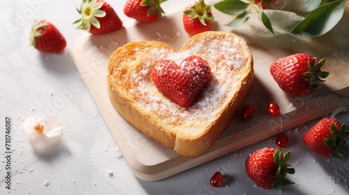  a heart - shaped piece of bread with powdered sugar and strawberries on a cutting board next to it.