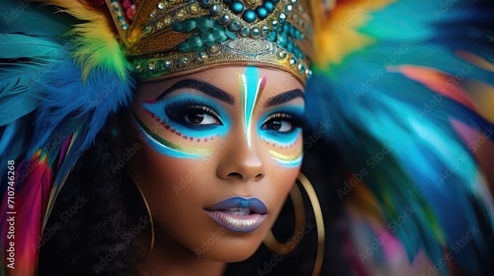 Vivid Carnival Queen with Blue Feather Headdress and Sparkling Makeup - Generative AI