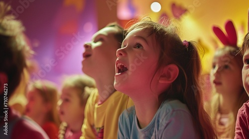 A group of kids enjoying an Easter-themed puppet show, their faces lit up with excitement and laughter, the high-definition camera capturing the magical moments