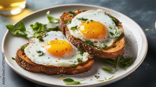  two fried eggs sit on top of a toast on a plate next to a cup of tea and a glass of tea.
