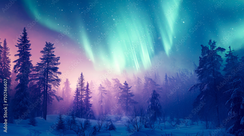 Aurora Borealis Over Snowy Forest - Magical Winter Night Sky