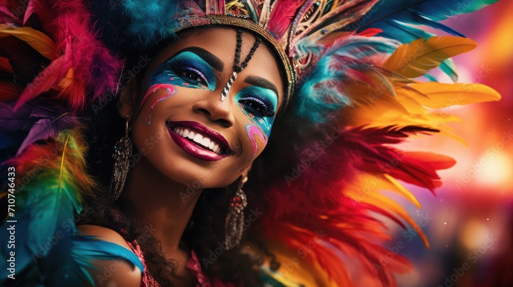 Fototapeta premium Vivid Carnival Queen with Blue Feather Headdress and Sparkling Makeup - Generative AI