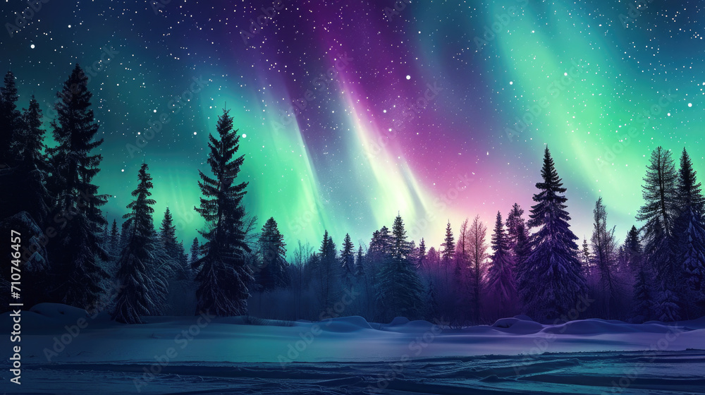 Aurora Borealis Over Snowy Forest - Magical Winter Night Sky Aurora Borealis Over Snowy Forest - Magical Winter Night Sky