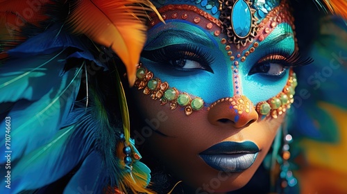 Vivid Carnival Queen with Blue Feather Headdress and Sparkling Makeup - Generative AI © Gelpi