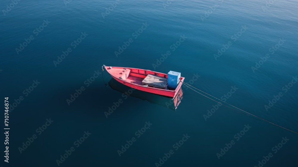 a red and blue boat floating on top of a body of water next to a boat tied to the side of the boat. a red and blue boat floating on top of a body of water next to a boat tied to the side of the boat.