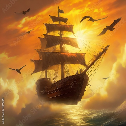 Nave pirata che vola in un cielo al tramonto circondata da uccelli. photo