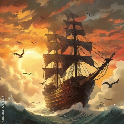 Nave pirata che vola sfiorando il mare al tramonto photo