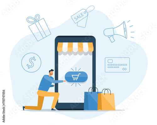 flat business online shopping and online payment concept. smartphone application technology. vector illustration cartoon character design.