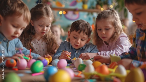 children playing in the classroom and decorating easter eggs