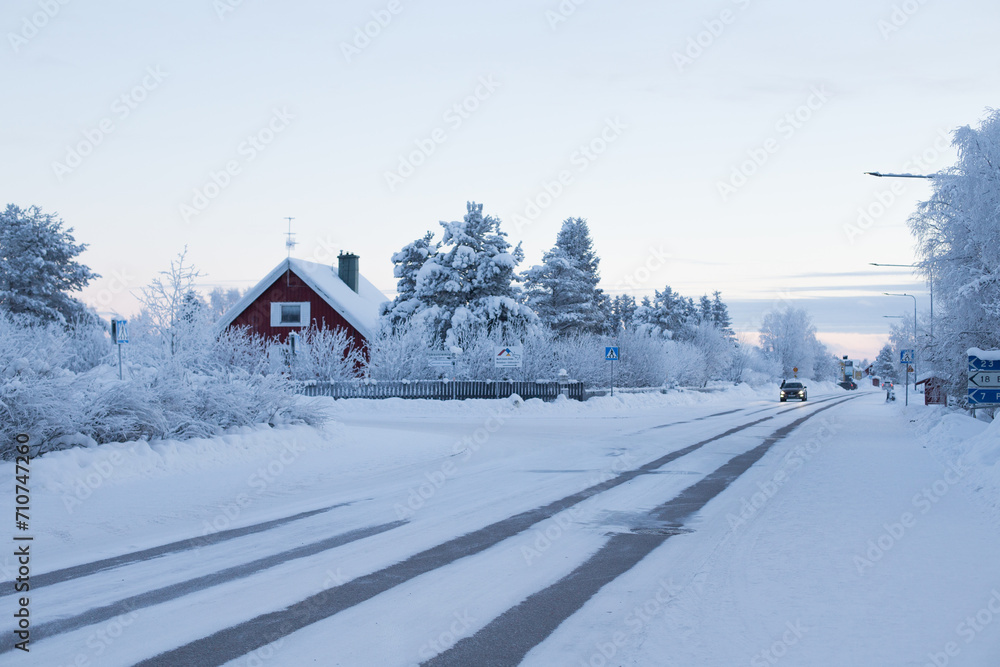 Snowy street in Jukkasjärvi, Swedish Lappland, Arctic Cercle
