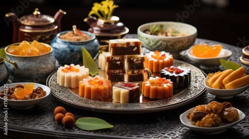  a platter of assorted desserts on a table with teapots and bowls of desserts in the background.