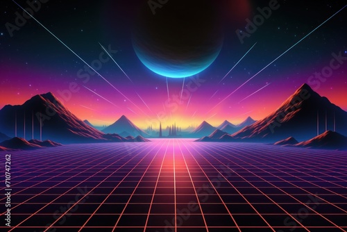 80s Retro Sci-Fi Background Futuristic Grid landscape. Digital cyber surface style of the 1980`s