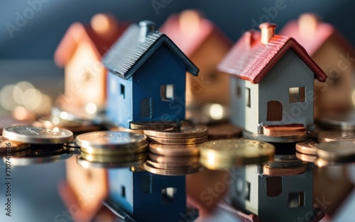 small house models are sitting on pile of Coins and reflection of metallic su...