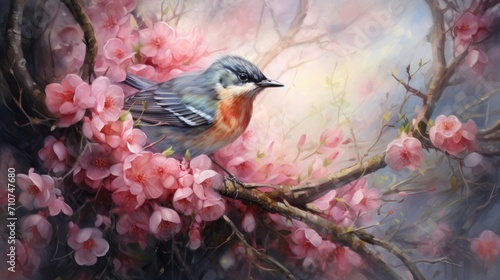  a painting of a bird sitting on a branch of a tree with pink flowers in the foreground and a blue sky in the background. © Anna