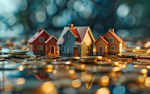small house models are sitting on pile of Coins and reflection of metallic su...