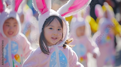 Children dressed in adorable bunny costumes, hopping and skipping in a playful Easter parade, the high-definition camera capturing the cuteness and festive spirit