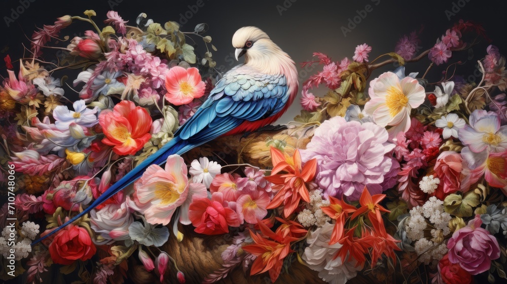  a painting of a blue bird sitting on a branch of a tree surrounded by pink, red, and white flowers.