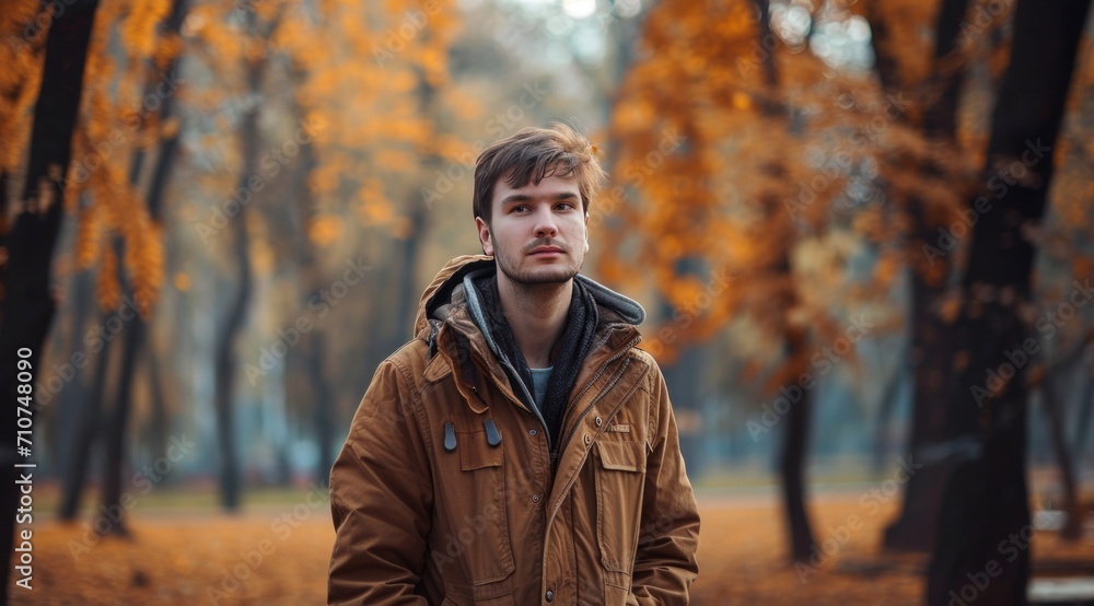 man in jacket stands in park in autumn season