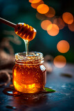 jar of honey on the table. Selective focus.