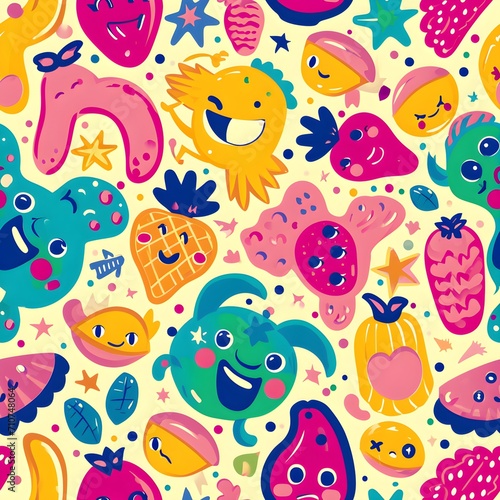 Smiling fruit seamless patterns, Patterns for kids, Patterns for imagination, Digital paper, Generative Ai, Illustration