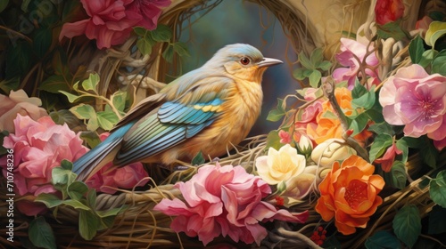  a painting of a bird sitting on top of a nest filled with pink, yellow, and red flowers and greenery.