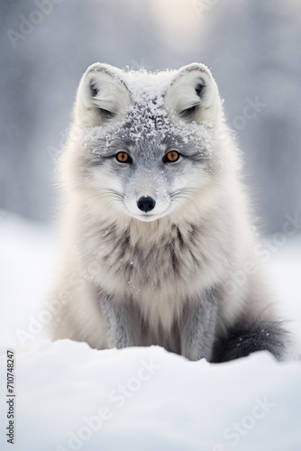 Close-Up of an Arctic fox  Vulpes lagopus  sitting in the snow