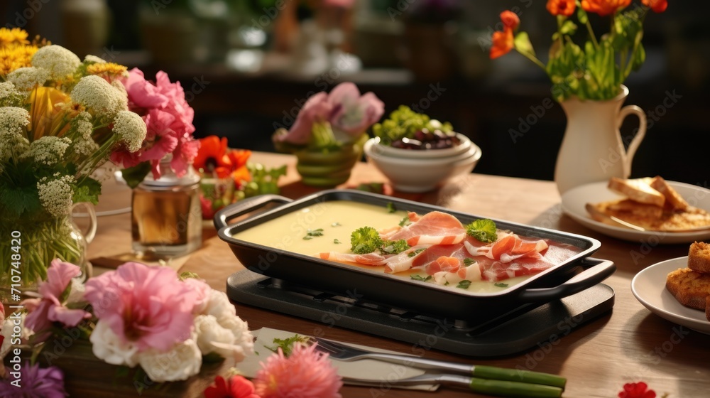  a table topped with plates of food next to a vase of flowers and a vase of flowers on a table.