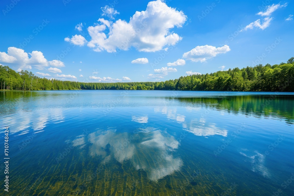 Crystal-clear lake waters mirroring the azure sky, a serene and picturesque summer backdrop