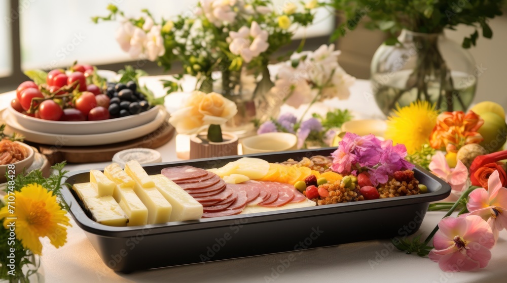  a close up of a tray of food on a table with a bowl of fruit and flowers in the background.