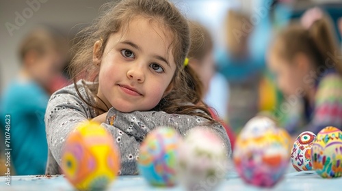 Children engaged in an Easter egg decorating competition, showcasing their artistic talents and unique designs