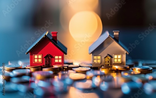 small house models are sitting on pile of Coins and reflection of metallic su...