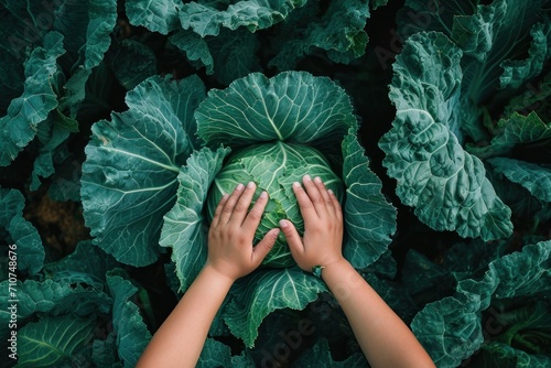two hands reach up to a huge cabbage photo