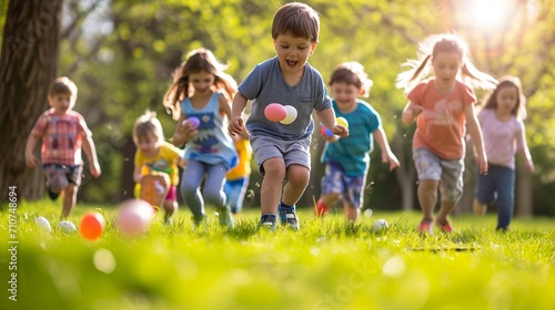 Kids enjoying an Easter egg hunt in a picturesque park, the high-definition camera capturing their delighted expressions as they discover hidden eggs beneath bushes and trees photo