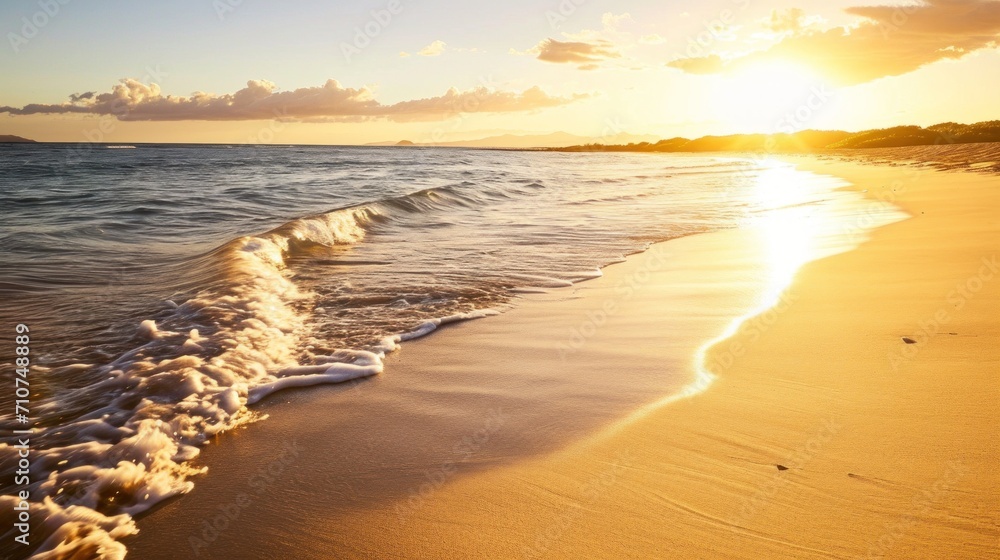 A pristine beach bathed in golden sunlight, inviting relaxation and tranquility