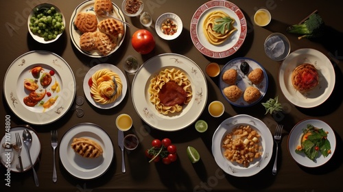  a table topped with plates of food next to utensils and a bowl of fruit on top of a table.