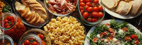 pasta, salad, bread, meat and more food