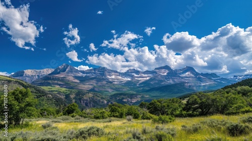 A panoramic view of towering mountains against a brilliant blue sky epitomizes summer beauty