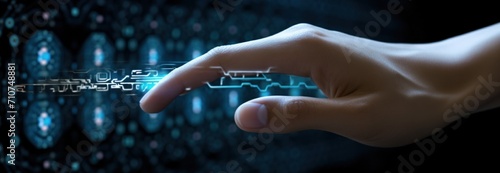 one hand reaching towards a virtual robot