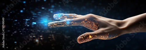 one hand reaching towards a virtual robot