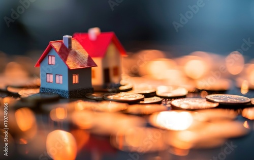 small house models are sitting on pile of Coins and reflection of metallic su...