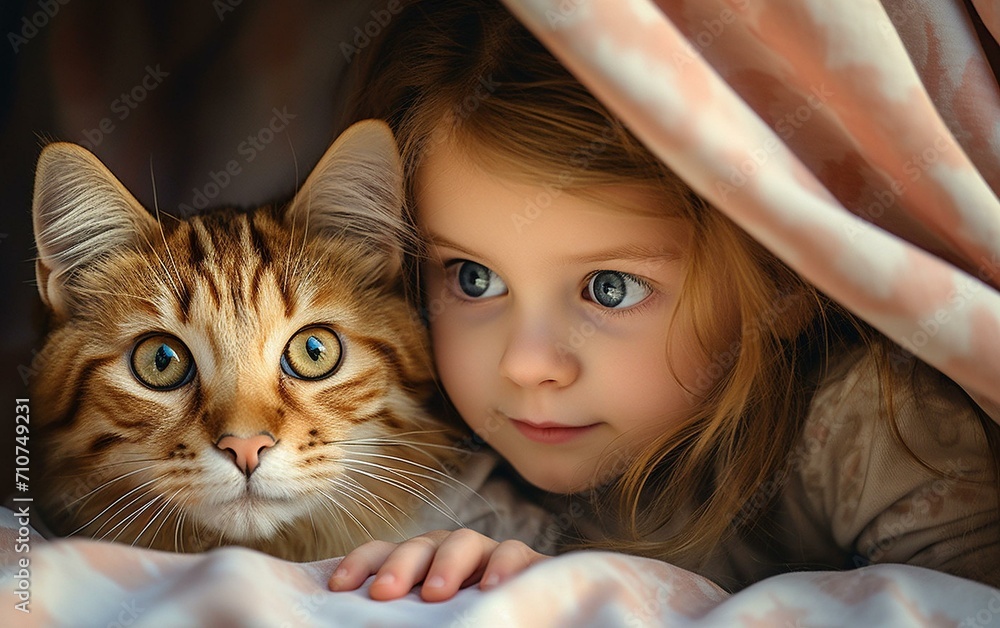 Intimate Portrait of a Child and Cat Under a Blanket