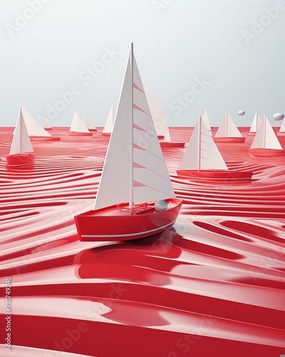 Surreal Seascape with Red Sailing Boats