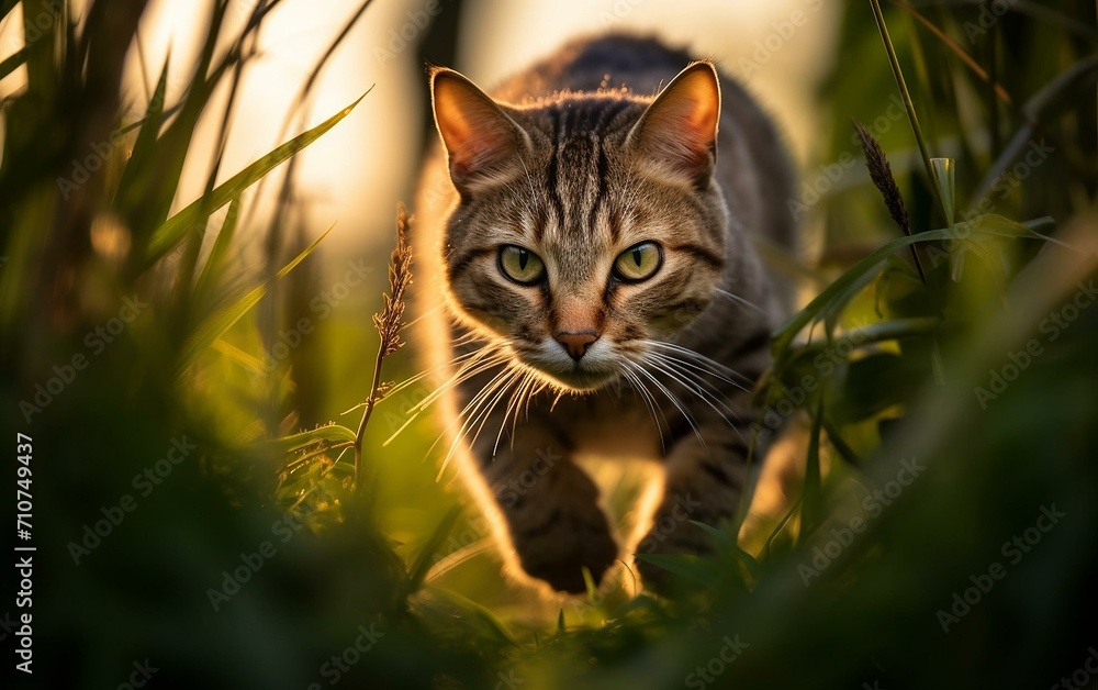 Majestic Cat Stalking Through the Grass at Golden Hour