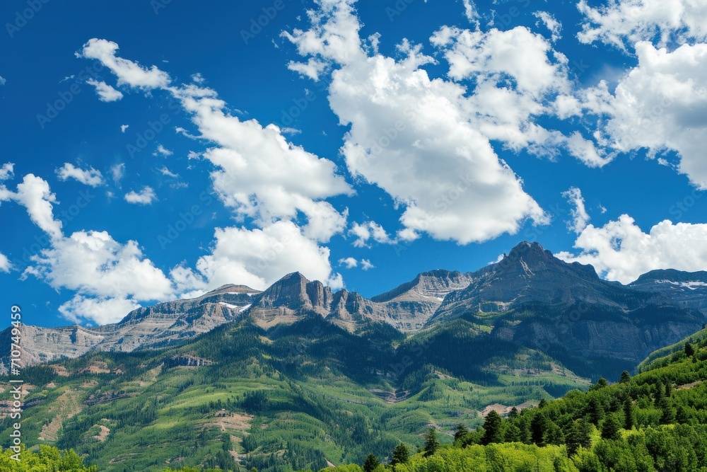 A panoramic view of towering mountains against a brilliant blue sky epitomizes summer beauty