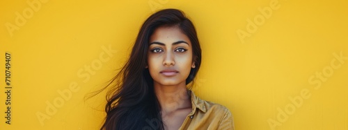 East Indian Female Disgusted Yellow Background Beautiful Person Generative AI photo