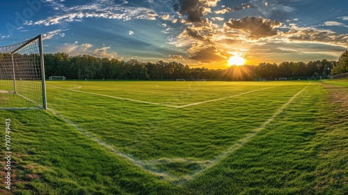 A panoramic view of a soccer field bathed in golden sunlight, capturing the e...