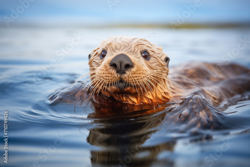 Cute Sea otter swimming on the sea with its head above the water. Generative AI photo