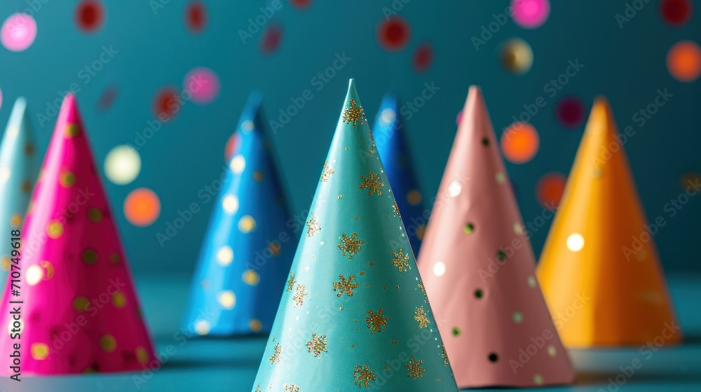 Festive hats in various hues bring a playful and lively touch with copy space Festive hats in various hues bring a playful and lively touch with copy space