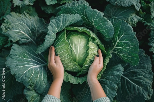 two hands reach up to a huge cabbage